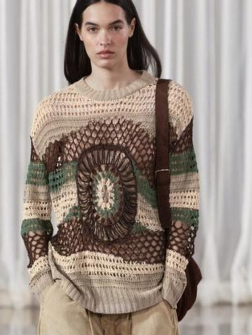 Zara Crochet Open Knit Boho Sweater Earth Tone Festival Pullover